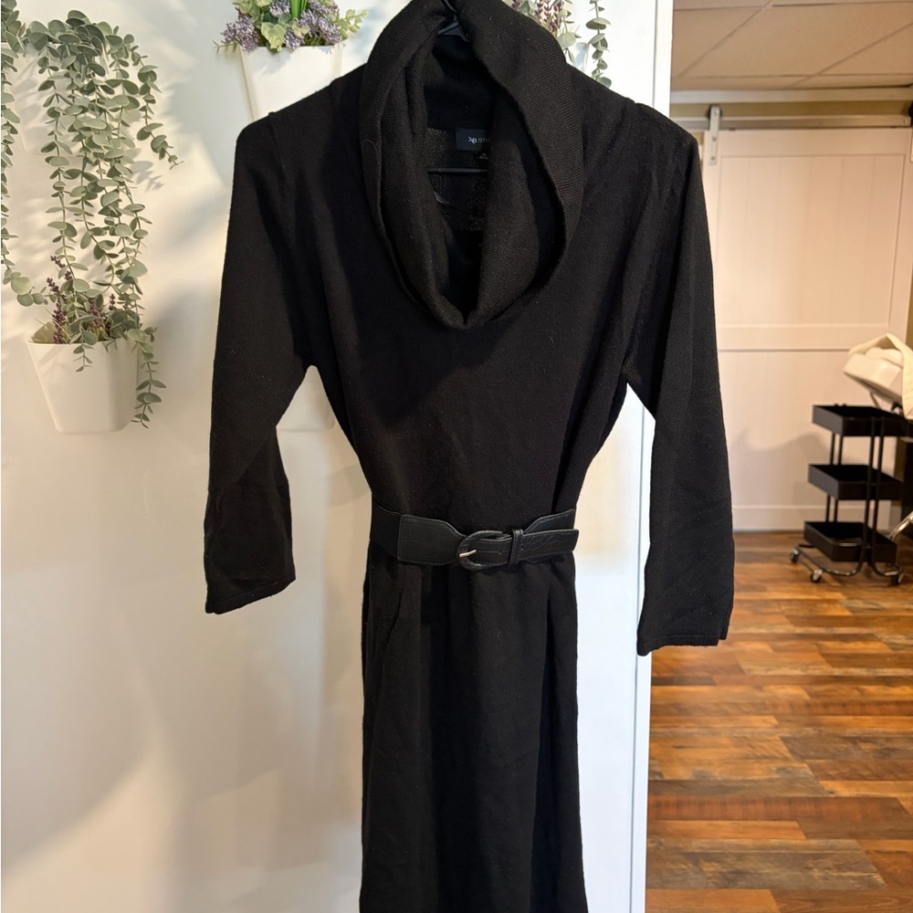 AB Studio Black Cowl-Neck Belted Long Sleeve Dress